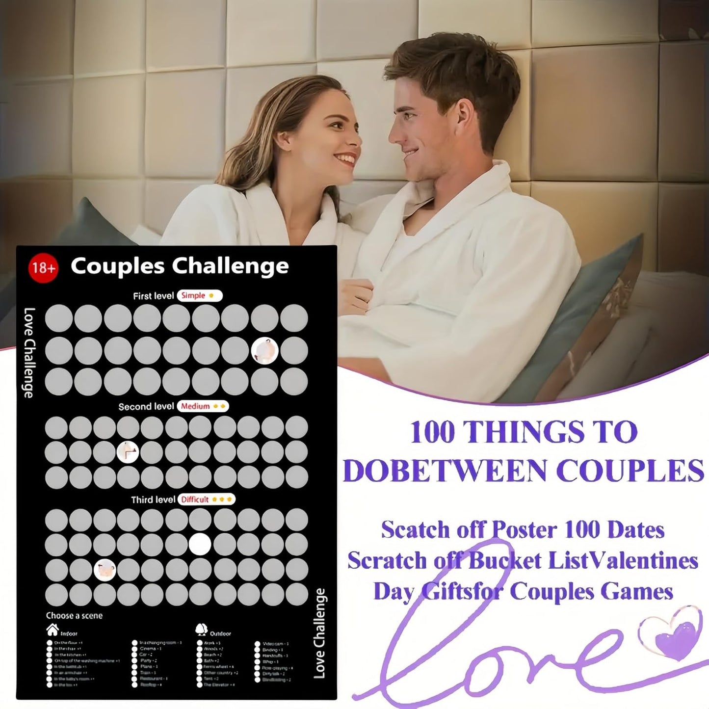 Love Games Scratch-off Poster for Couples - 100 Challenge Date - Night Ideas Poster for Couple
