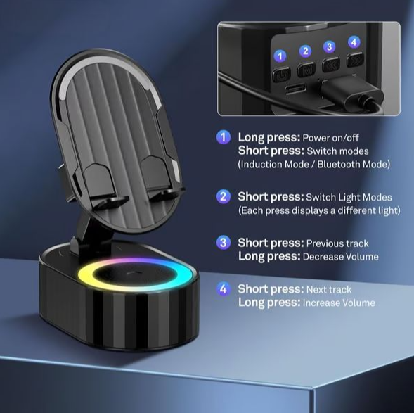2025 Smart 4-in-1 Phone Stand — Induction Speaker, Power Bank & Ambient Light