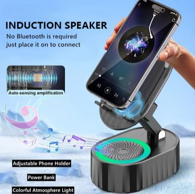 2025 Smart 4-in-1 Phone Stand — Induction Speaker, Power Bank & Ambient Light