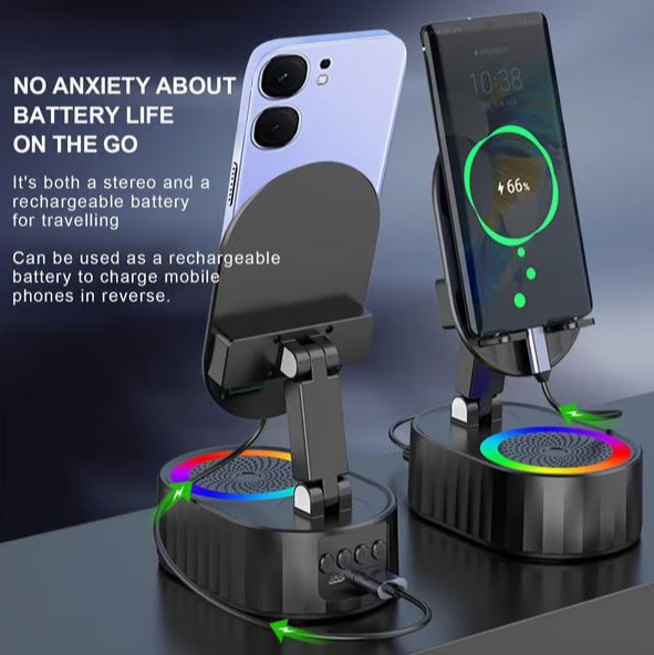 2025 Smart 4-in-1 Phone Stand — Induction Speaker, Power Bank & Ambient Light